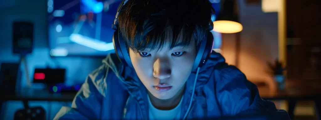 a person wearing headphones, gazing at a laptop screen with a determined expression.