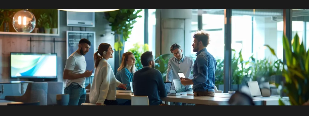 a group of focused individuals working together in a modern and chic office space with motivational quotes on the walls.