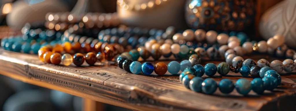 a beautiful, varied collection of natural stone bracelets elegantly displayed on a wooden table.