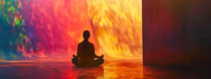 a person immersed in deep meditation surrounded by colors and light.