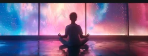 a person sitting in meditation, surrounded by positive affirmations and colorful visualizations.