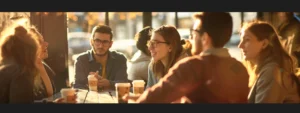 a group of people engaging in a discussion at a local coffee shop.