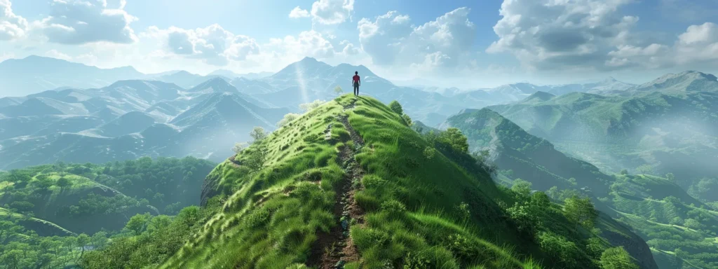 a person standing on top of a mountain gazing at a clear path to success.