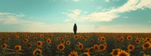 a person standing in a vast field of blooming sunflowers, gazing up at the vibrant yellow petals reaching towards the sky.