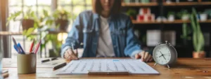 a focused individual at a tidy desk with a clear calendar and clock, organizing tasks efficiently.