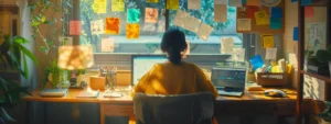 a person working diligently at a desk surrounded by motivational quotes and colorful sticky notes.