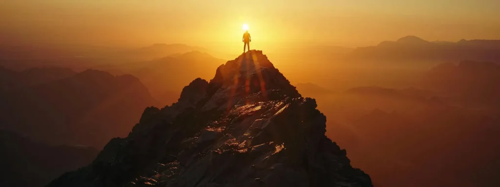 a determined individual standing triumphantly at the top of a mountain peak, basking in the golden glow of a setting sun.