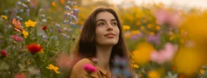 a woman standing in a field of vibrant blooming flowers, radiating confidence and positivity after a psych-k session.