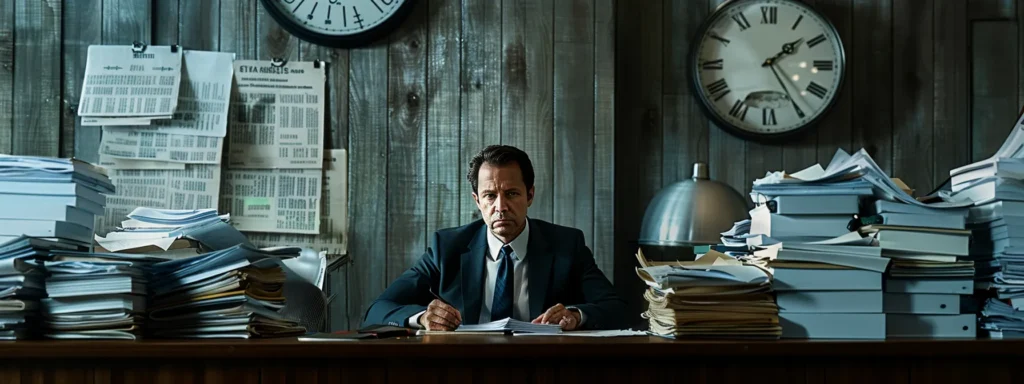 a busy executive sitting at a sleek desk surrounded by piles of paperwork and a wall clock ticking in the background.