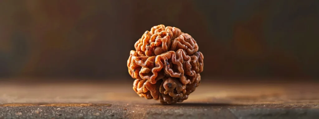 a close-up shot of a rare, intricate twenty one mukhi rudraksha bead against a neutral background, highlighting its unique and mythological significance.