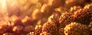 a close-up shot of various intricate rudraksha beads gleaming in the sunlight, symbolizing health and prosperity.