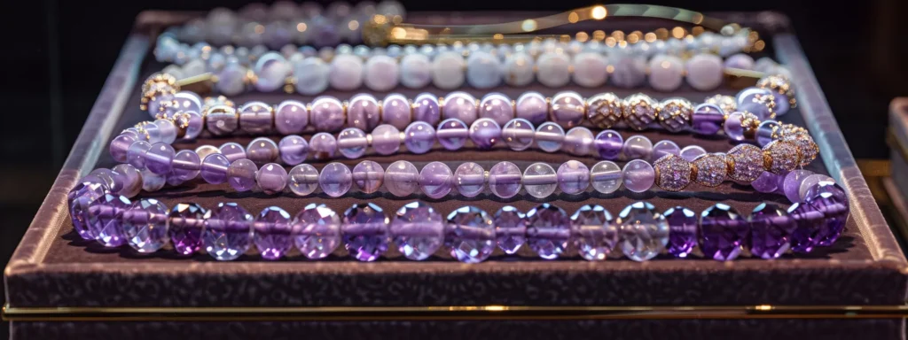 a dazzling array of sparkling amethyst bracelets arranged delicately on a velvet-lined jewelry tray.