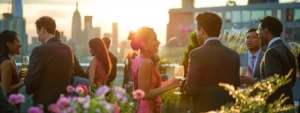 a diverse group of business professionals networking at a luxurious rooftop event.