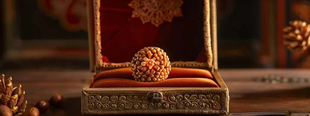 a gleaming velvet-lined jewelry box holding a rare and exquisite twenty mukhi rudraksha bead.