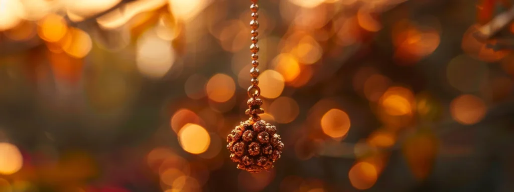 a mystical twenty mukhi rudraksha hanging on a golden chain, glistening under a beam of divine light.