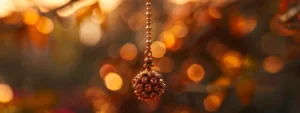 a mystical twenty mukhi rudraksha hanging on a golden chain, glistening under a beam of divine light.