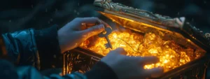 a person holding a key and opening a golden treasure chest filled with glowing riches.