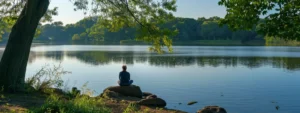 a person sitting peacefully by a serene lake, practicing heartmath techniques to regulate their emotions.