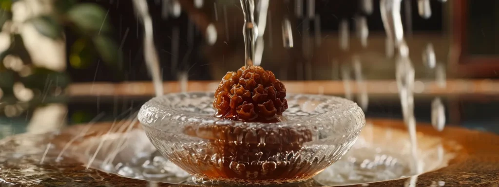 a sparkling twenty mukhi rudraksha bead being gently cleansed in a clear bowl of purified water.