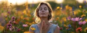 a woman in a peaceful meadow surrounded by vibrant flowers, practicing deep breathing with a heartmath resilience tool in her hands.