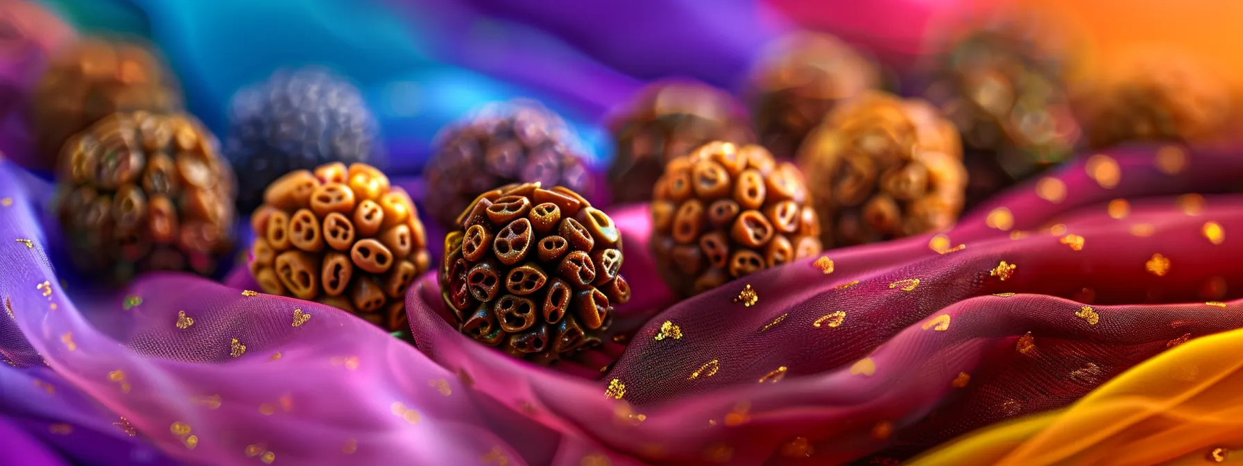 a close-up photo of various authentic, high-quality rudraksha beads displayed on a colorful silk cloth, each one radiating a unique energy corresponding to different chakras.