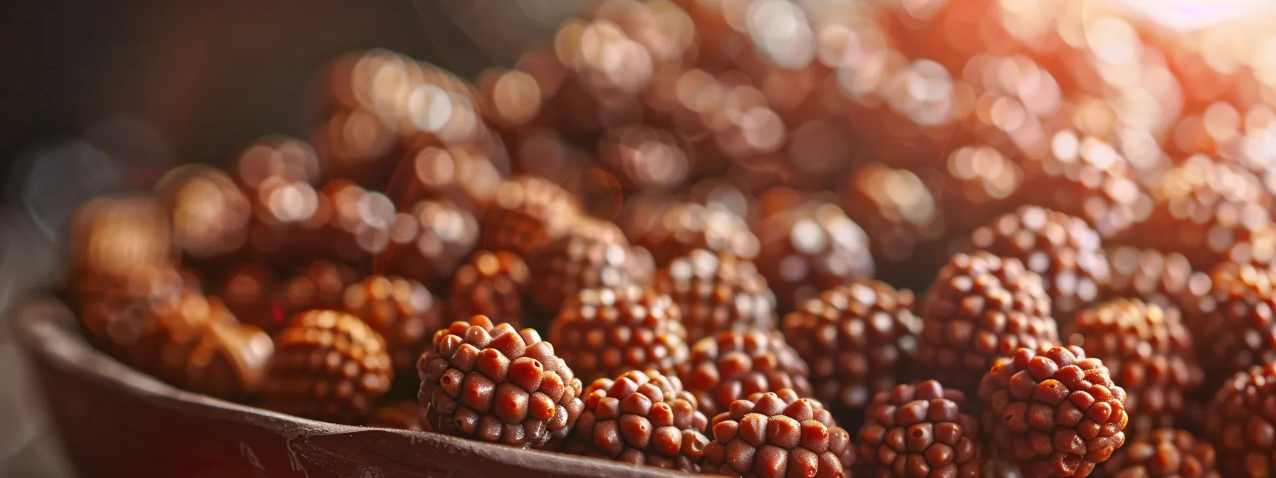 a close-up photo capturing a vibrant, intricate rudraksha bead necklace, symbolizing spiritual connection and inner peace across different traditions.