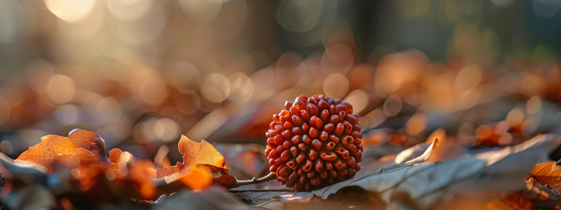 a close-up photo of a rudraksha bead resting peacefully on a bed of leaves, capturing its intricate details and spiritual essence.