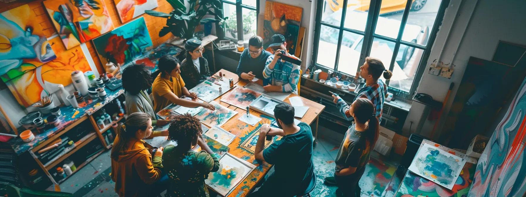 a group of artists deeply focused and engaged in their craft, surrounded by colorful artworks, showcasing the transformative power of mindfulness in boosting creativity.