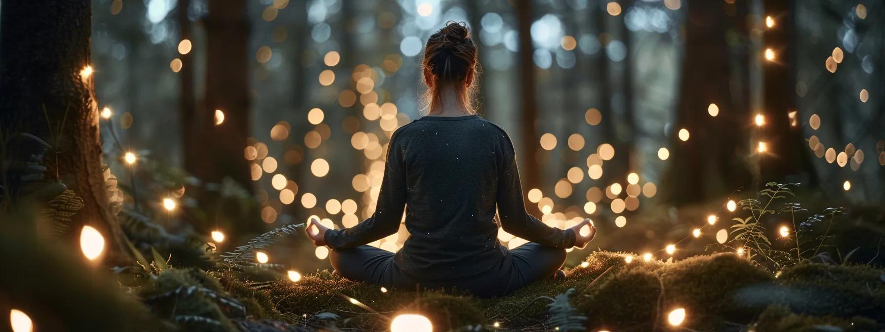 a person meditating in a serene forest setting, surrounded by shimmering fairy lights and mystical symbols, capturing the essence of magical beliefs intertwined with modern mindfulness practices.