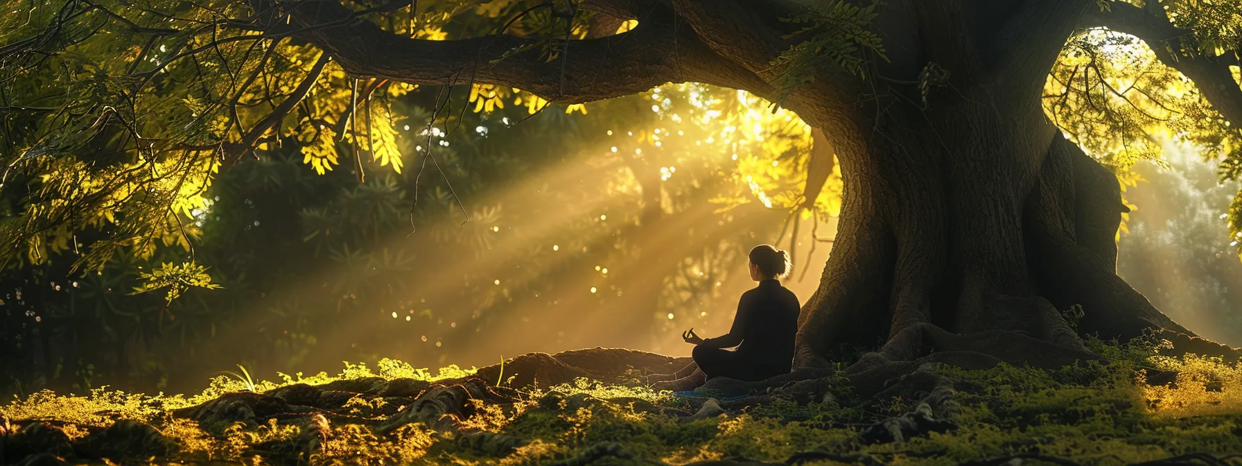 a person meditating peacefully under a majestic tree, surrounded by a soft aura of glowing light.