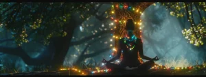 a person meditating serenely under a vibrant tree with colorful chakra beads around their neck.