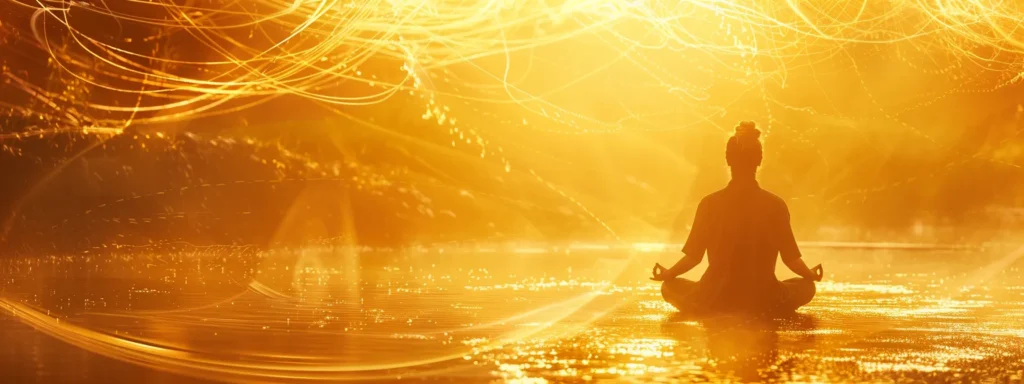 a person meditating under a golden sunrise, surrounded by glowing swirling energy, symbolizing kundalini awakening signs.