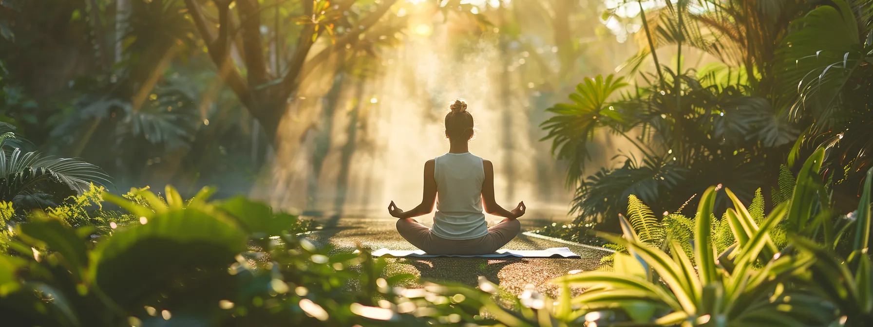 a person practicing yoga in a serene garden, surrounded by lush greenery and a peaceful atmosphere, embodying balance and grounding while connecting with their kundalini energy.