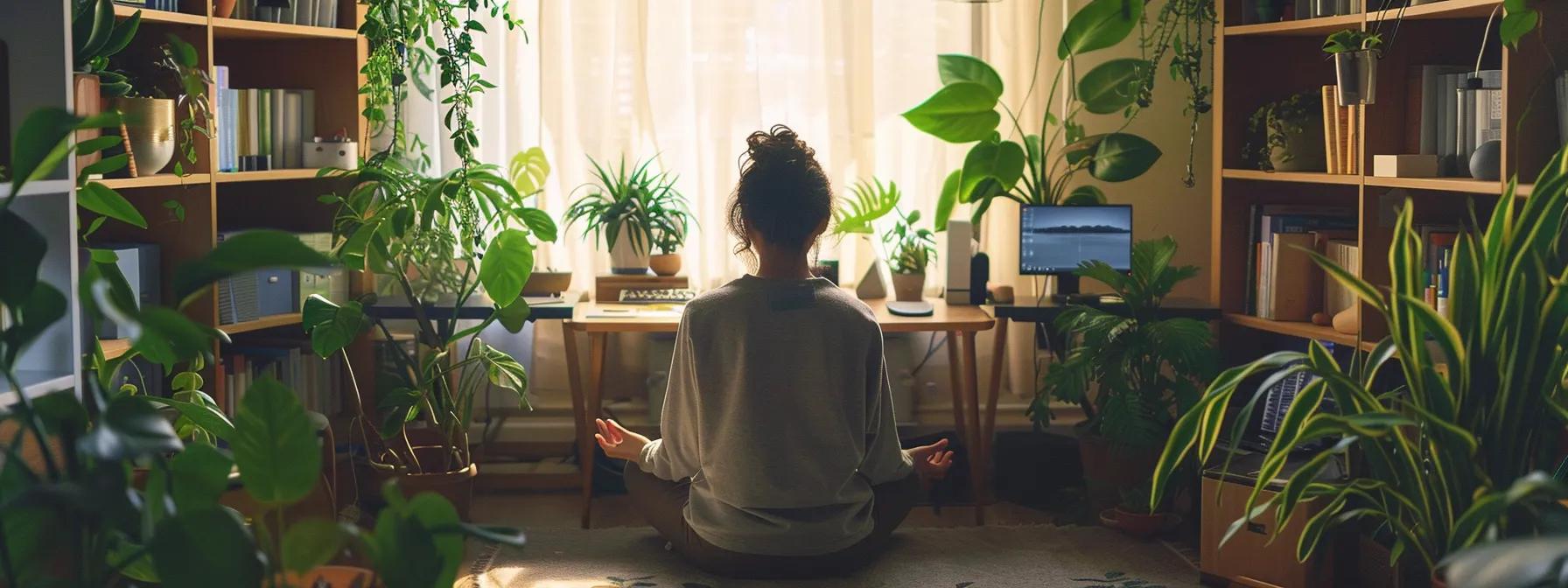 a person sitting at a clutter-free desk, surrounded by calming green plants, peacefully meditating and integrating mindfulness into their daily routine to enhance creativity.