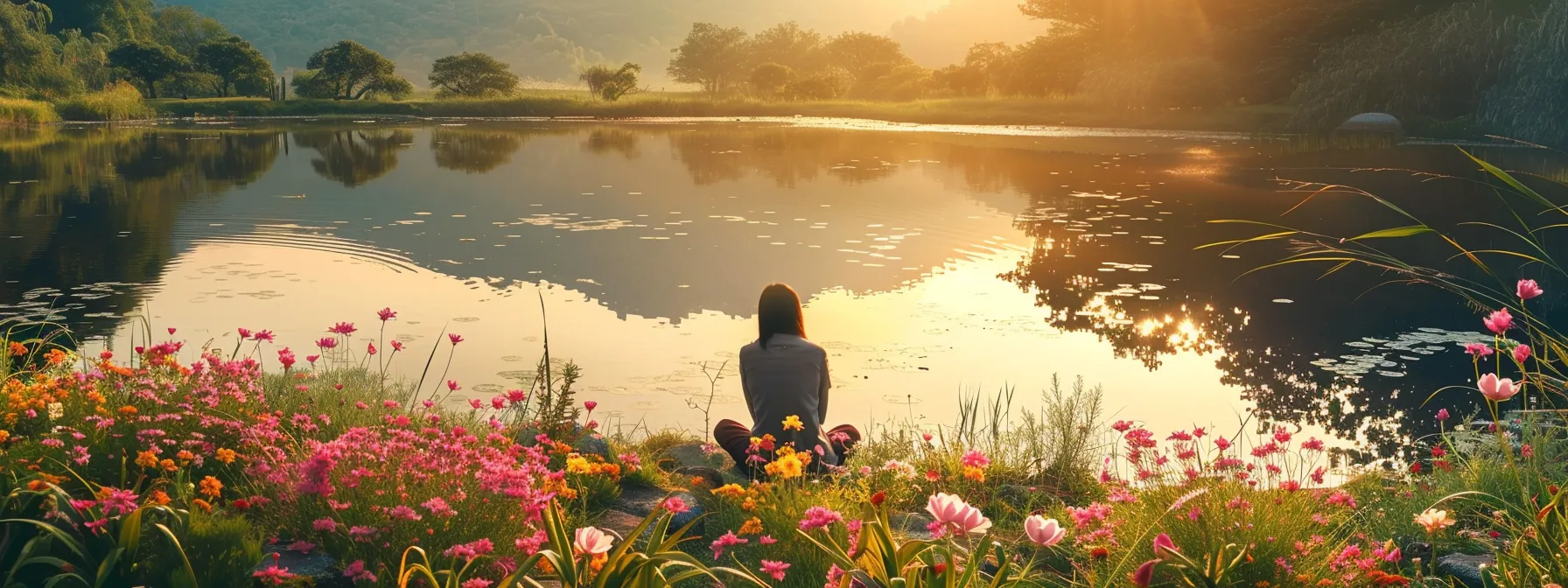 a person sitting by a tranquil lake, surrounded by vibrant flowers and a serene landscape, reflecting a deep sense of joy and inner peace during a kundalini awakening journey.