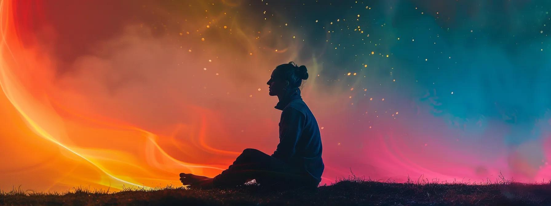 a person sitting cross-legged on a hill, eyes closed, surrounded by a radiant aura of colorful, swirling light, visualizing their goals and success.