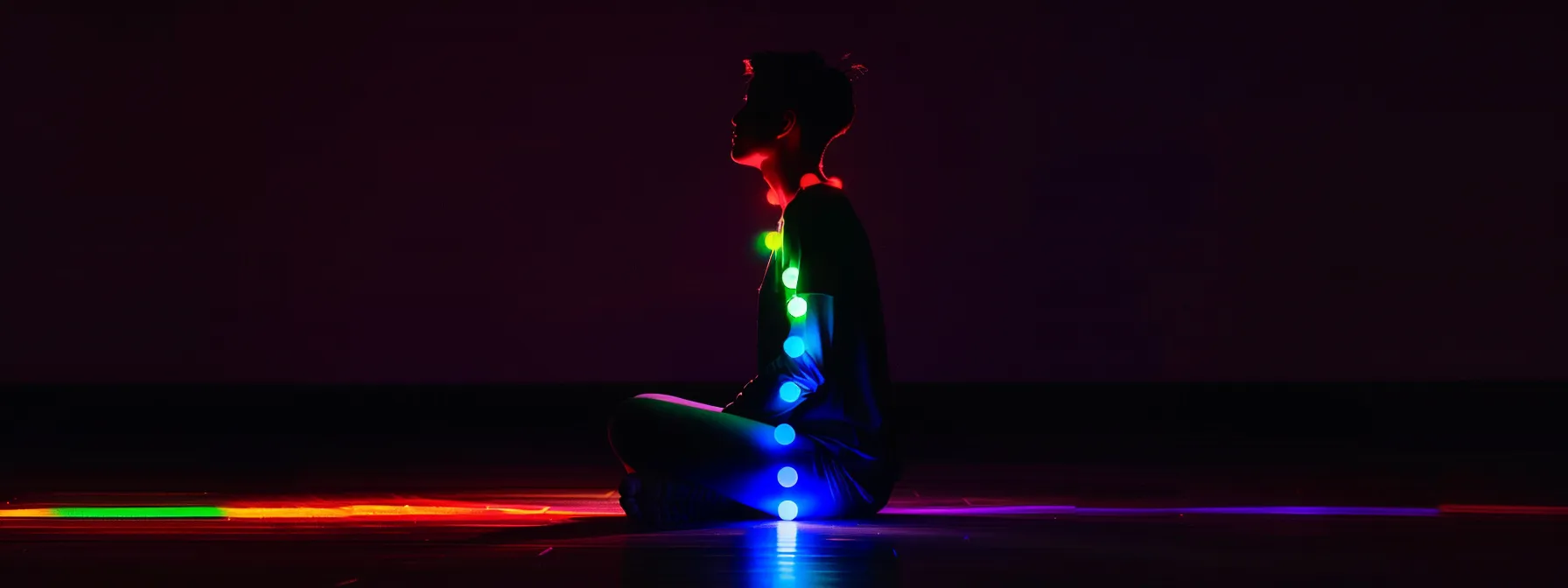 a person sitting cross-legged with glowing, colorful energy centers aligned along their spine, representing the seven major chakras in their body.