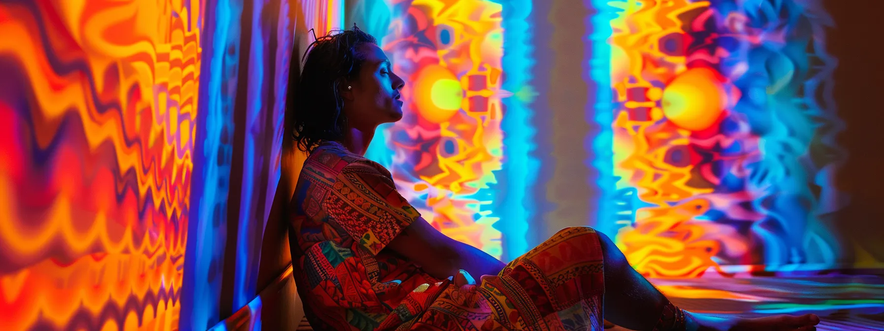 a person sitting in a dimly lit room, eyes closed, surrounded by vibrant colors and patterns, experiencing heightened senses of light and sound during their kundalini awakening.