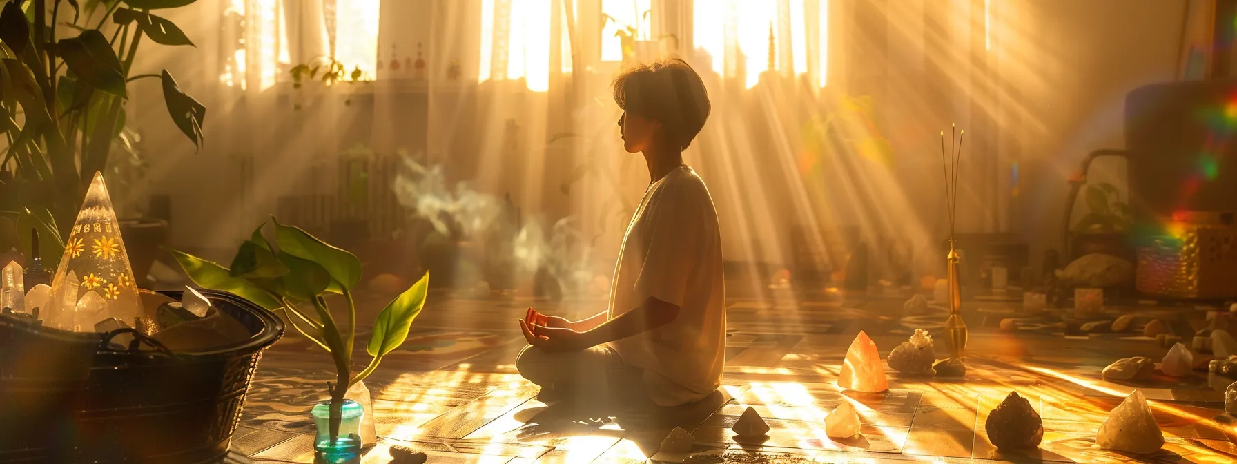 a person sitting serenely in a sunlit room, surrounded by colorful crystals and incense, practicing chakra meditation.