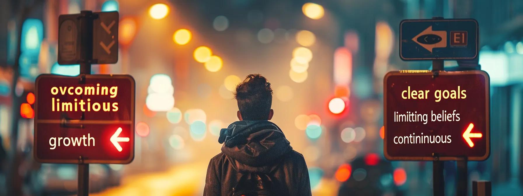 a person standing confidently at a crossroads, with road signs pointing to 