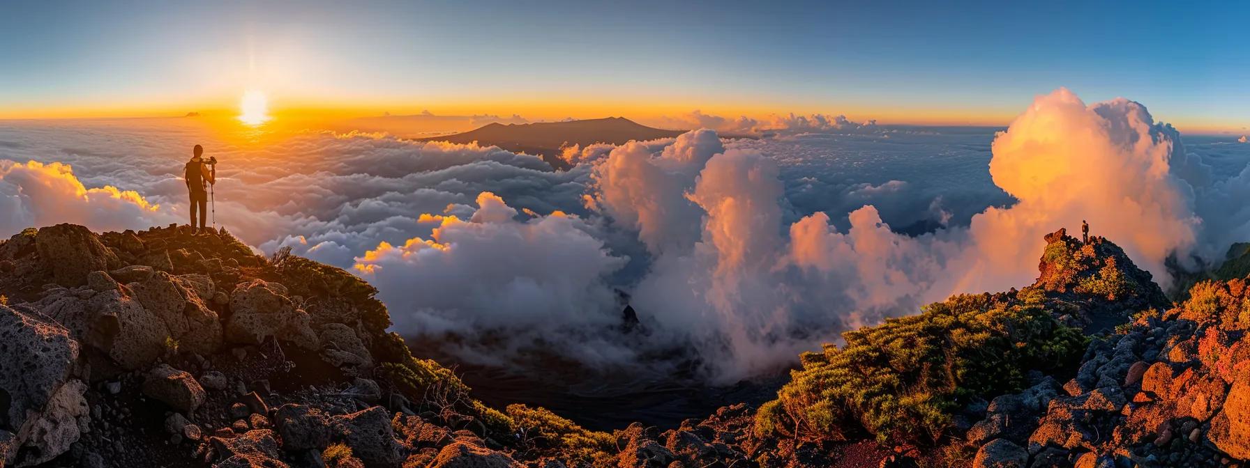 a person standing on a mountaintop overlooking a vibrant sunrise, surrounded by swirling clouds and a clear blue sky, symbolizing the transformative power of positive thinking and visualization.