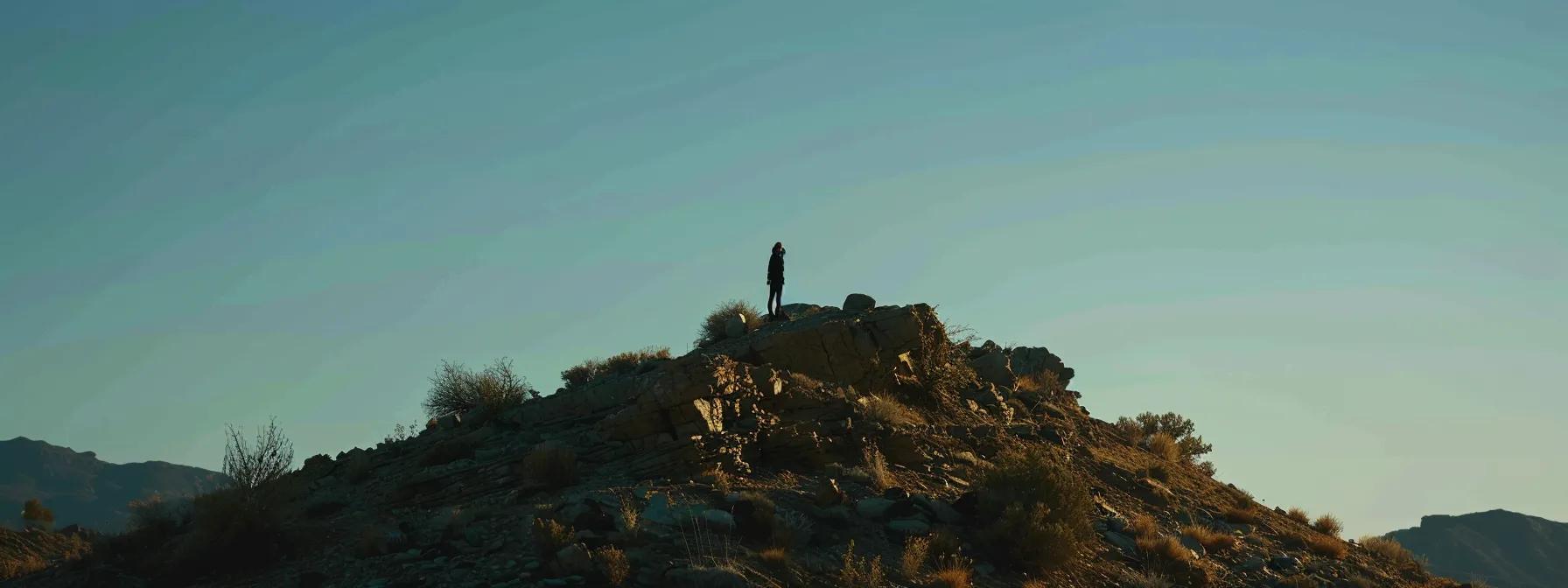 a person standing on top of a mountain, visually manifesting their goals with a clear focus.