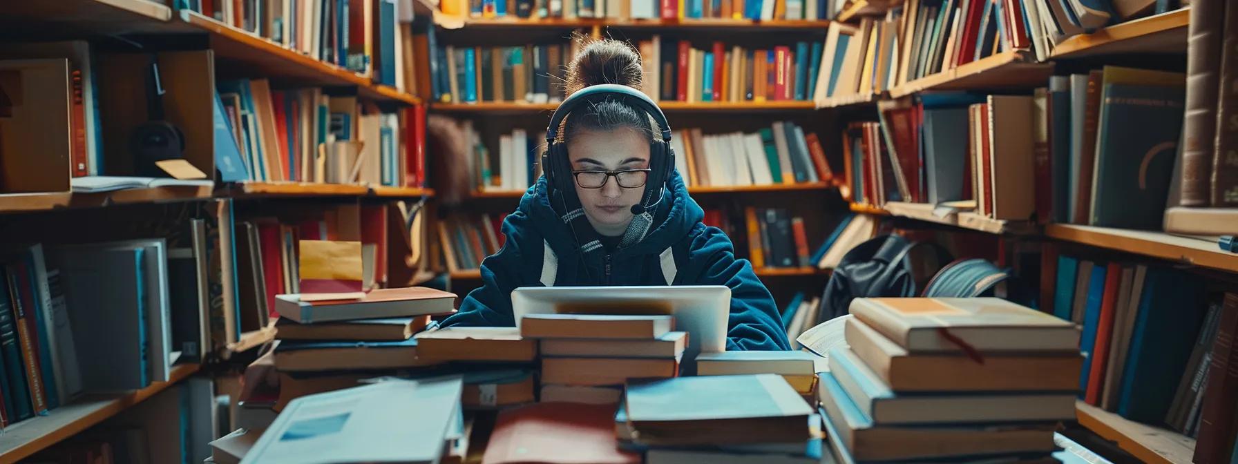 a person surrounded by a stack of insightful books, a laptop displaying an online course, and headphones listening to a podcast, all while interacting with a supportive community.