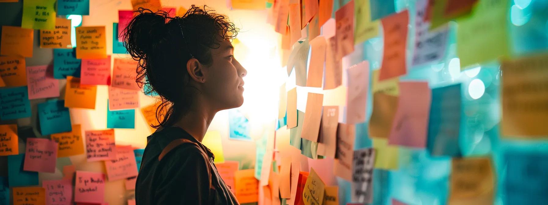 a person surrounded by colorful affirmations written on sticky notes, reflecting on their beliefs to reprogram their subconscious mind and unlock their true potential.