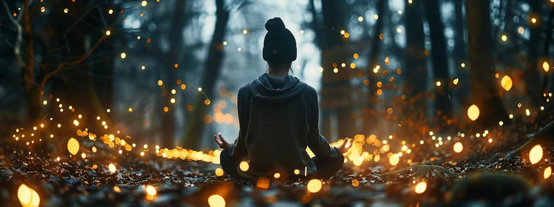 a person surrounded by sparkling fairy lights, meditating in a serene forest clearing.