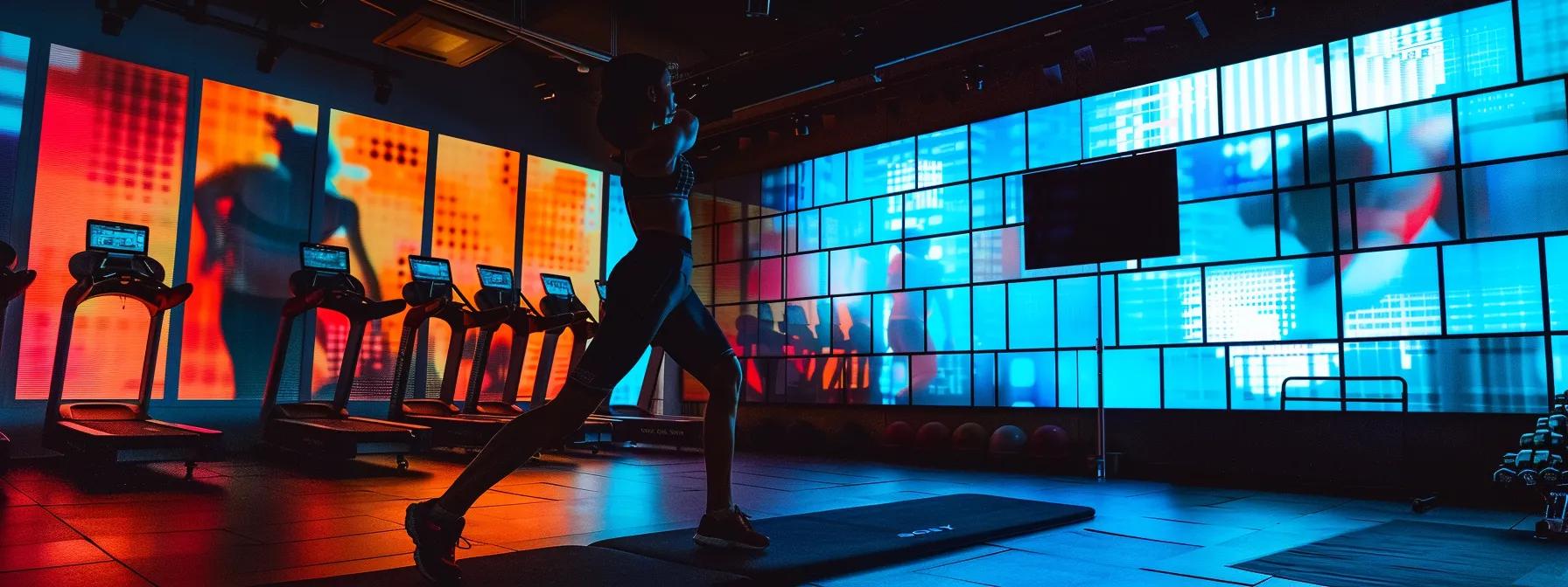 a person visualizing success while working out in a vibrant gym environment, surrounded by motivational quotes and images.