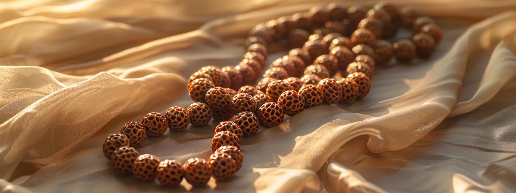 a radiant rudraksha mala beads resting on a soft, silk cushion, bathed in gentle sunlight to emphasize their sacredness and purity.