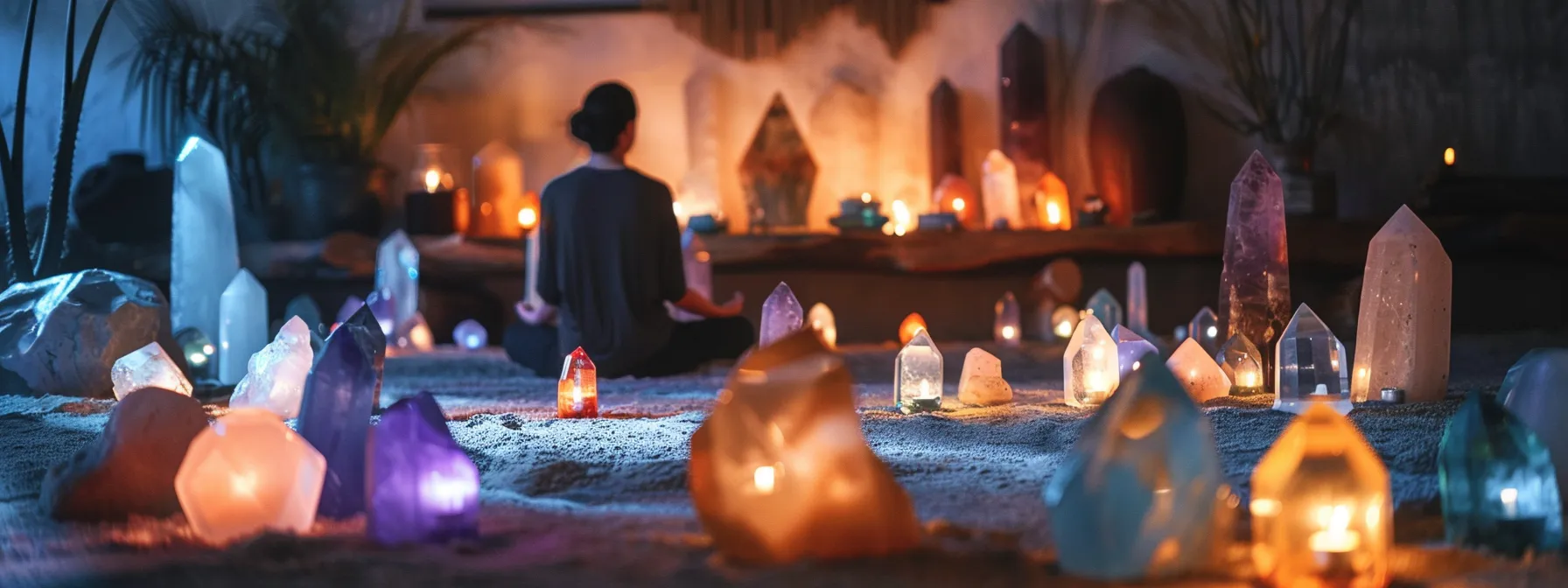 a serene candlelit room with colorful crystals arranged in a circle, surrounded by a person sitting cross-legged in deep meditation.