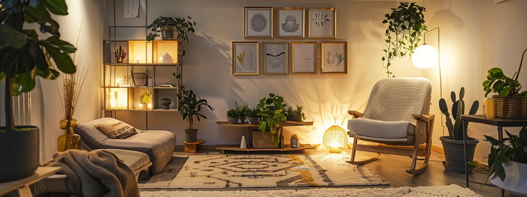 a serene, clutter-free room with soft lighting, a cozy chair, and a vision board filled with inspiring images and affirmations, fostering a focused and energized atmosphere for effective visualization practices.