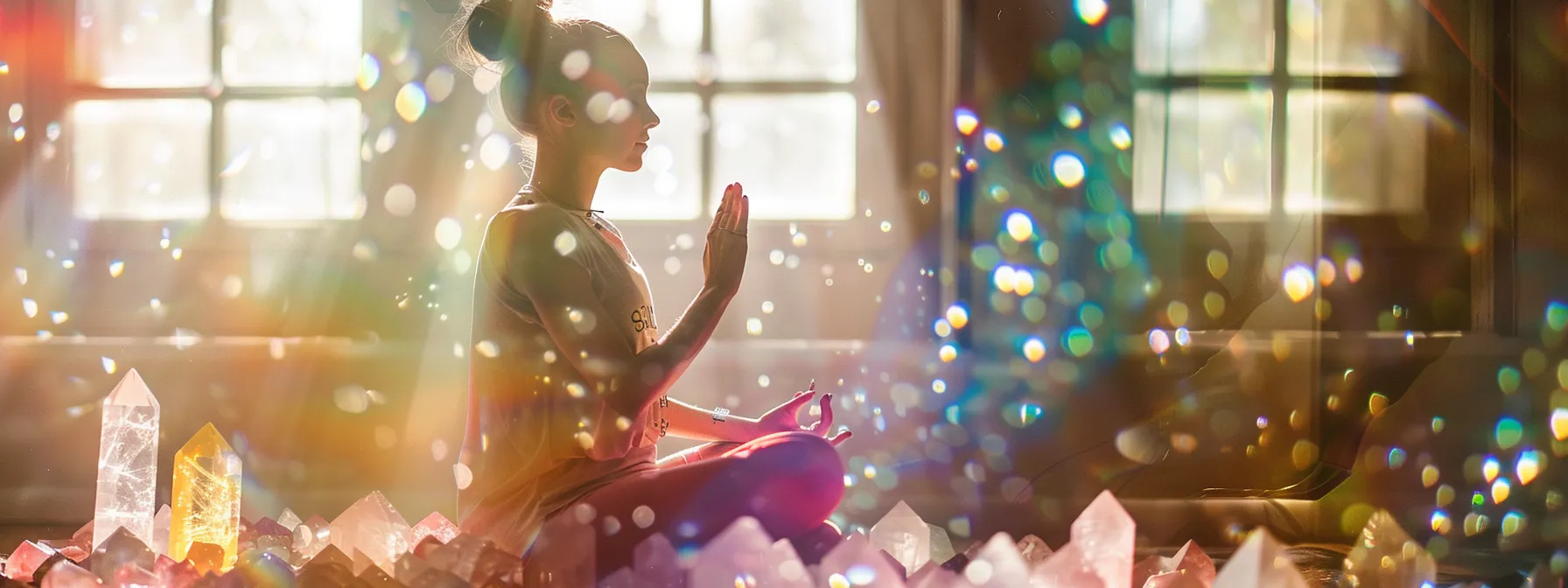 a serene figure surrounded by colorful crystals, each corresponding to a different chakra, practicing a personalized yoga sequence in a sunlit room.